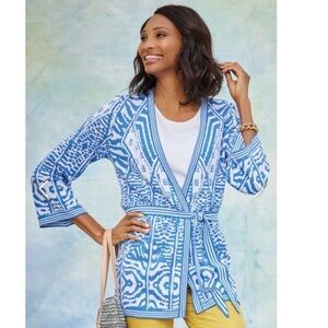Soft Surroundings Cardigan Sweater Belted Long Blue White Print Siva Size M EUC